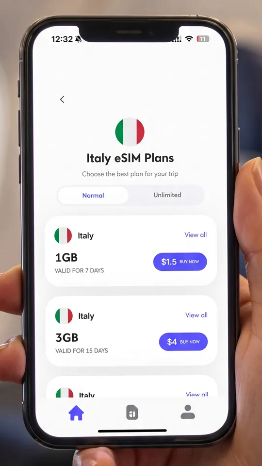 ICY SIM app: Italy eSIM plans listed by data amount and validity