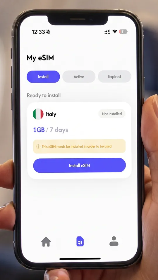 ICY SIM app: My eSIM screen with an Install eSIM button