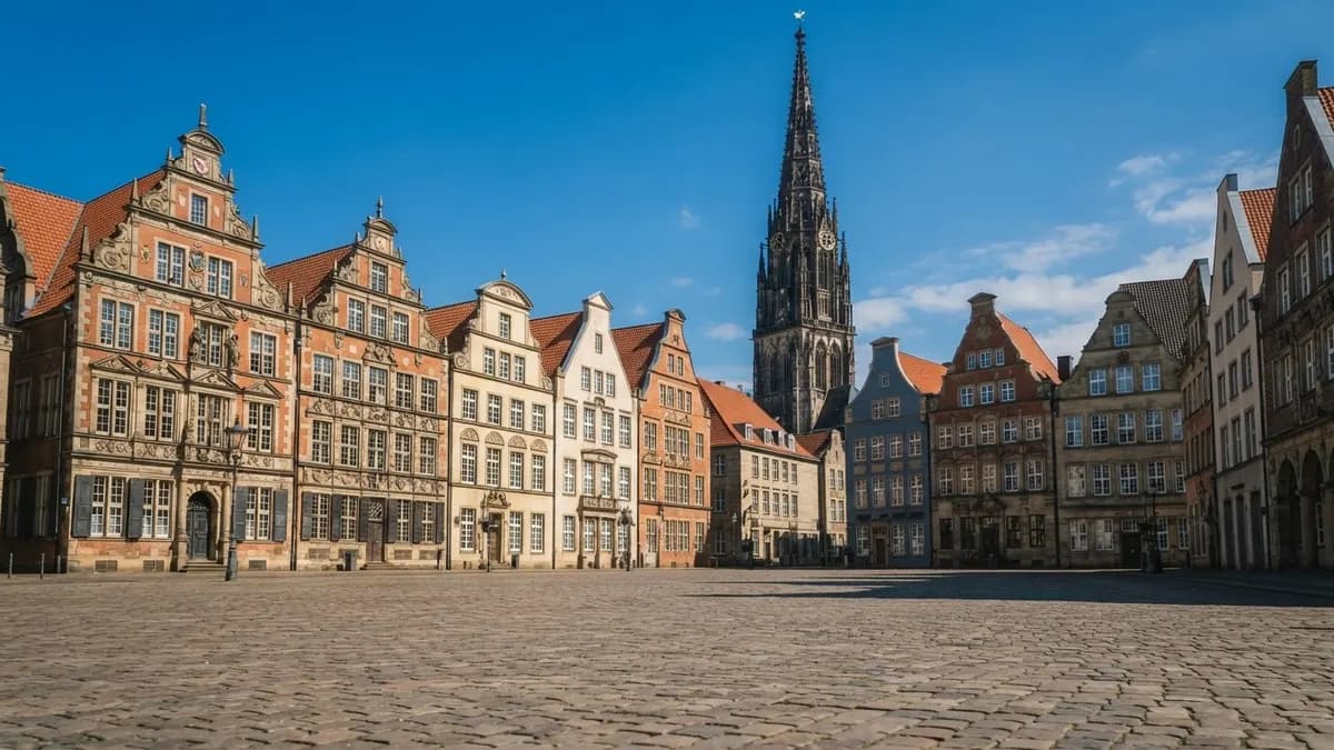 A sunny old-town square with colourful gabled houses and a church spire