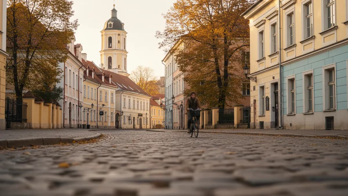 A cobblestone old-town street with pastel baroque buildings and a bell tower in autumn