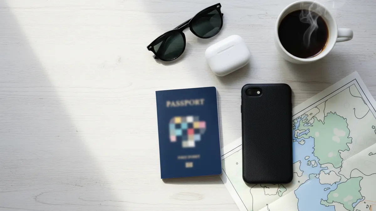 Travel essentials on a table: passport, smartphone, map, sunglasses and coffee