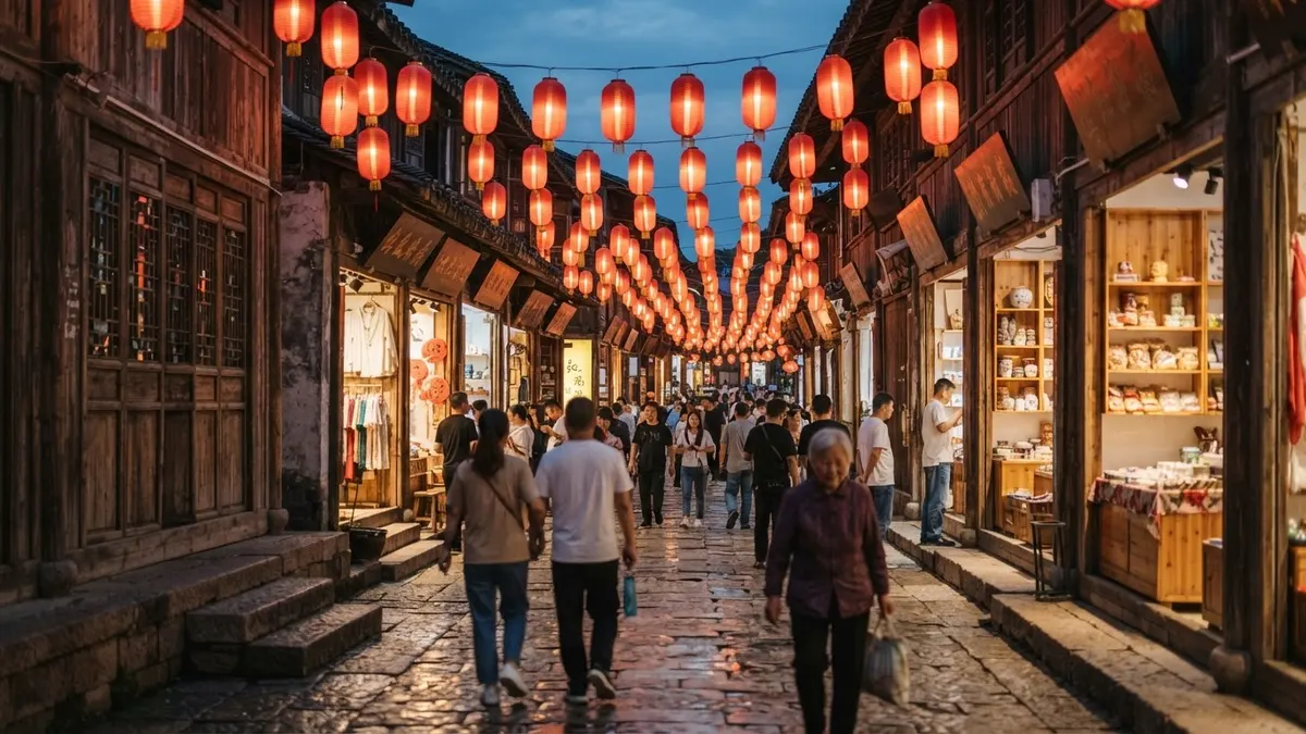 A traditional pedestrian lane at dusk with red lanterns and shops