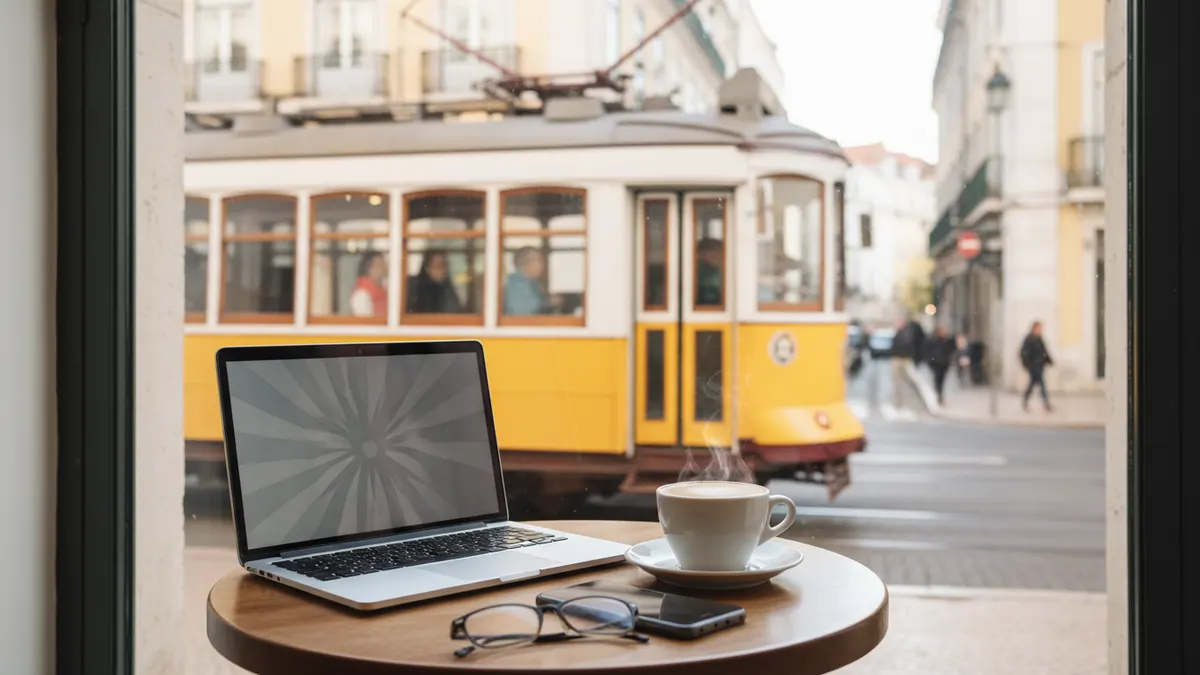 Laptop and coffee on a café table by a window with a yellow tram outside